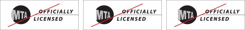 Three images of the MTA logo next to the words “Officially Licensed.” Each image shows a modification of the “M” in “MTA,” with red lines through them to indicate this is not allowed.