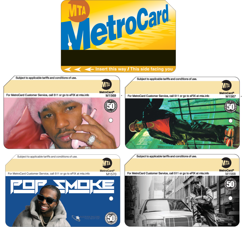 Image of MetroCard and four backs of MetroCards showing the performers Cam'ron, LL Cool J, Pop Smoke and Rakiim
