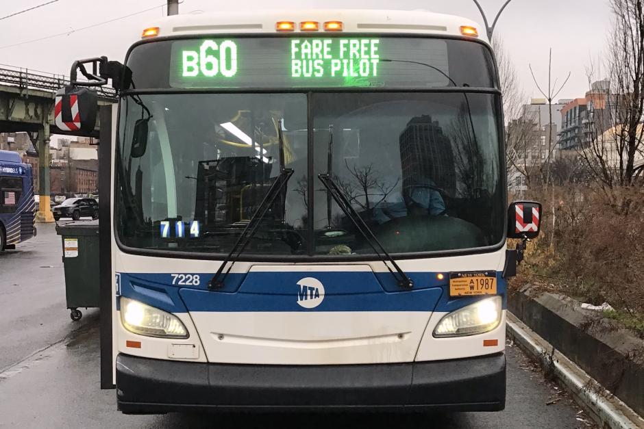 A head-on view of a bus with a headsign reading B60 Fare Free Bus Pilot