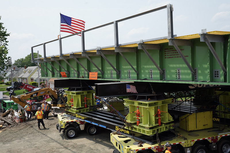New Long Island Rail Road bridge being moved into place