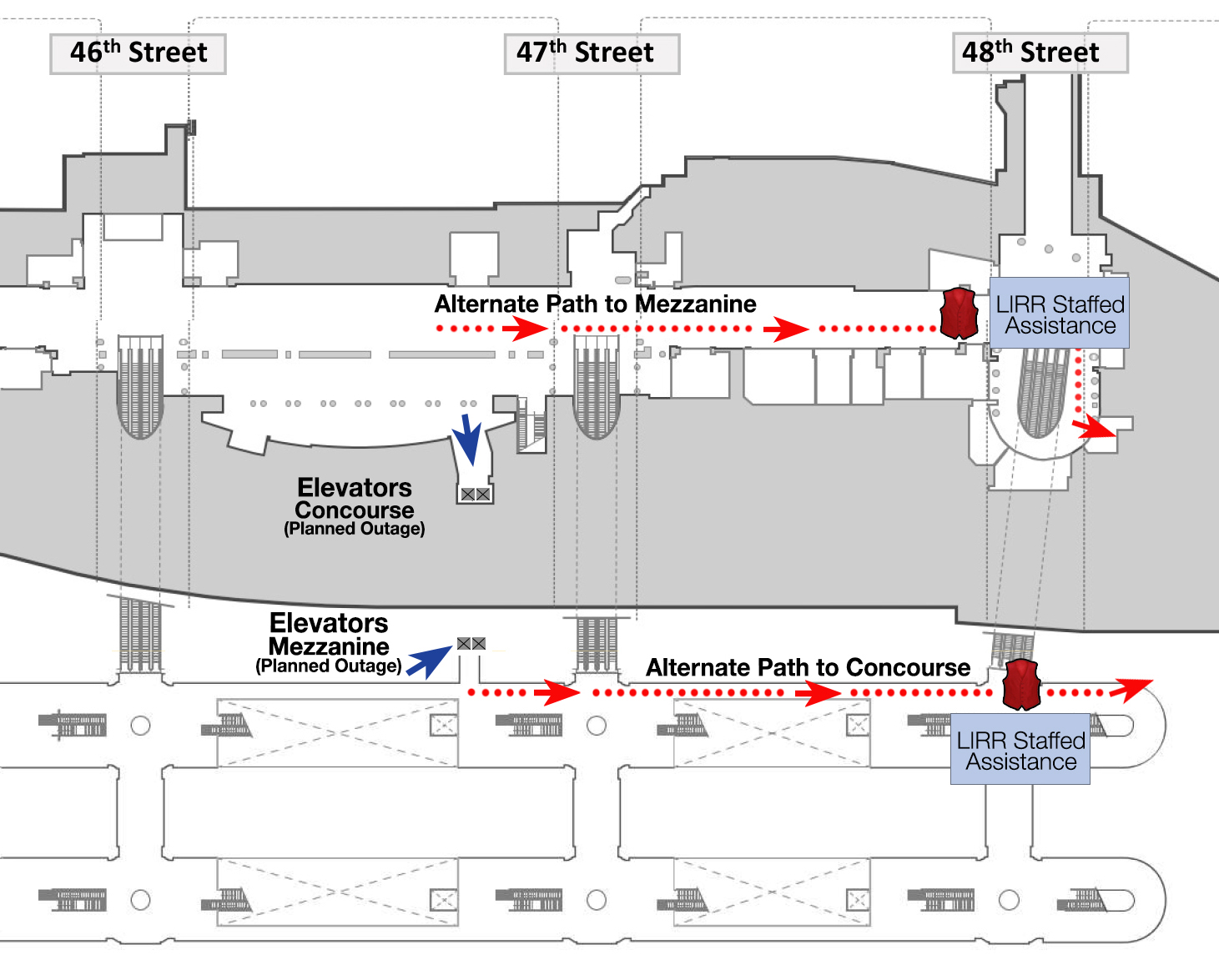 A map of the mezzanine and concourse at Grand Central Madison, showing that elevators between the mezzanine and concourse near 47th Street are out of service. Arrows direct customers on both the mezzanine and concourse levels toward 48th Street, where they can find LIRR staff to assist them with alternate elevators.