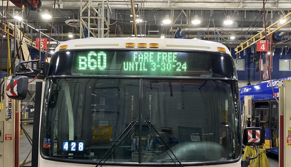 A bus in the garage with an electronic headsign reading B60 Fare Free Until 3-30-24.